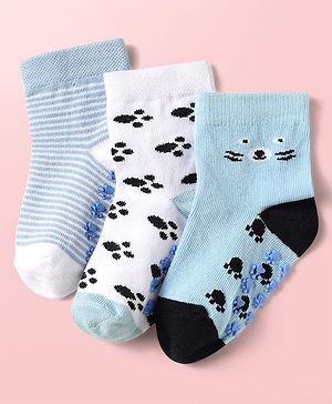 Cute Walk By Babyhug Knit Ankle Length Antibacterial Anti Skid Socks with Stripes & Paw Design Pack of 3 - Light Blue & White