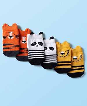 Cute Walk By Babyhug Cotton Knit Ankle Length Anti Bacterial Anti Skid Socks With Animal Print Pack Of 3 - Multi Colour