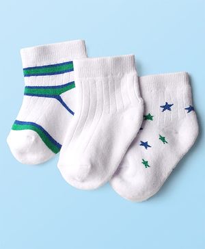 Cute Walk by Babyhug Knit Ankle Length Anti Bacterial Socks with Star Design & Stripes Pack of 3 - White