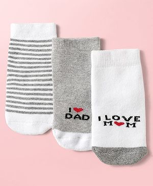 Cute Walk By Babyhug Knit Ankle Length Antibacterial  Socks with Stripes & I Love Mom & Dad Text Print Pack of 3 - Grey & White
