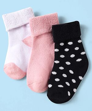 Cute Walk By Babyhug Knit Ankle Length Antibacterial  Socks with Polka Dot Print Pack of 3 -  Pink & White