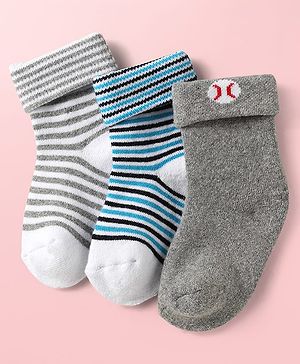 Cute Walk By Babyhug Knit Ankle Length Antibacterial Socks with Stripe Design Pack of 3 - Grey & Blue
