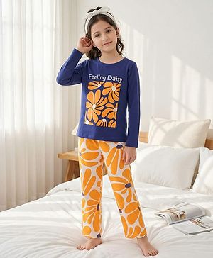 Pine Kids 100% Cotton Full Sleeves Night Suit With Floral Print - Navy Blue & Orange
