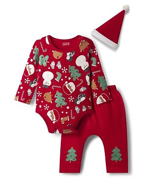 Babyhug 100% Cotton Knit Full Sleeves Christmas Printed Onesie with Leggings & Cap - Red