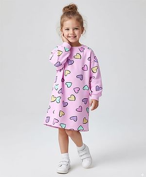 Bonfino 100% Cotton French Terry Full Sleeves Oversized T-Shirt Dress with Heart Print - Lilac