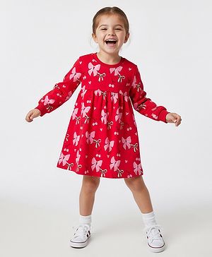 Bonfino 100% Cotton French Terry Knit Full Sleeves Oversized Winter Frock with Bow & Heart Print - Red