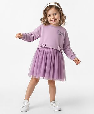 Bonfino 100% Cotton French Terry Knit Full Sleeves Oversized Solid Dress With Bow Applique & Mesh Layers - Lavender