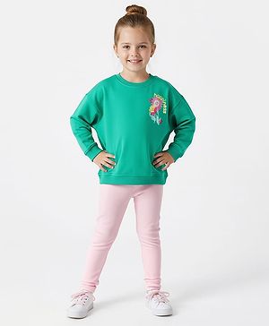 Bonfino 100% Cotton Knit Full Sleeves Oversized French Terry Sweatshirt & Legging Set With Floral Print - Green & Pink