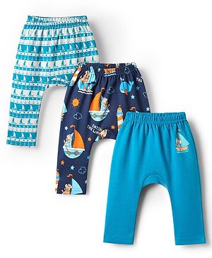 Babyhug Cotton Knit Full Length Diaper Leggings With Nautical Theme Print Pack Of 3 - Light Blue & Navy Blue