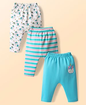 Babyhug Cotton Knit Full Length Diaper Leggings With Stripes & Unicorn Print Pack Of 3 - Light Blue & White