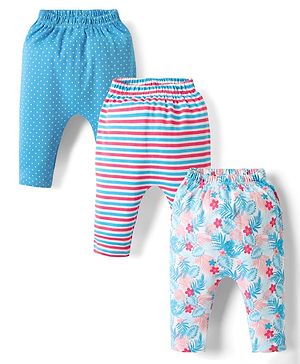 Babyhug Cotton Knit Full Length Leggings With Stripes & Floral Print Pack Of 3 - Light Blue & Dark Pink