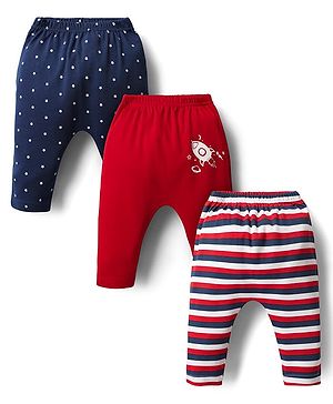 Babyhug Cotton Interlock Knit Full Length Diaper Leggings with Space Theme Print & Stripe Design Pack of 3 - Red & Blue