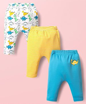 Babyhug Cotton Interlock Knit Full Length Diaper Leggings with Stripe Design & Dino Print Pack of 3 - White Yellow & Blue