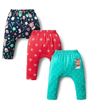 Babyhug Cotton Interlock Knit Full Length Diaper Leggings with Christmas Theme Print Pack of 3 - Red Light Blue & Navy Blue