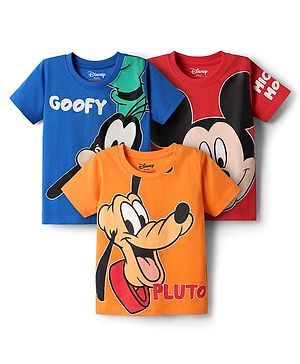 Babyhug Disney Single Jersey Knit Half Sleeves T-Shirts With Mickey & Friends Graphics Pack of 3 - Orange Blue & Red