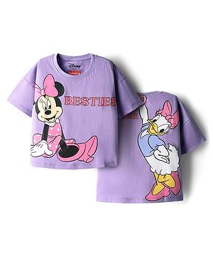 Babyhug Disney Single Jersey Knit Oversize Drop Shoulder Half Sleeve T-Shirt with Front and Back Minnie and Daisy Graphics - Lavender