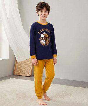 Pine Kids Single Jersey Knit Full Sleeves Night Suit With Text Print - Navy Blue & Mustard
