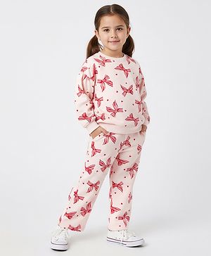 Bonfino 100% Cotton French Terry Heart Printed Full Sleeves Oversized Winter Wear Sweatshirt with Wide Leg Leggings Set - Light Pink