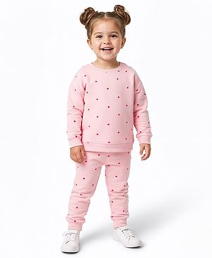 Bonfino 100% Cotton French Terry Knit Full Sleeves Oversized Sweatshirt & Joggers Co-Ord Set With Heart Print - Pink