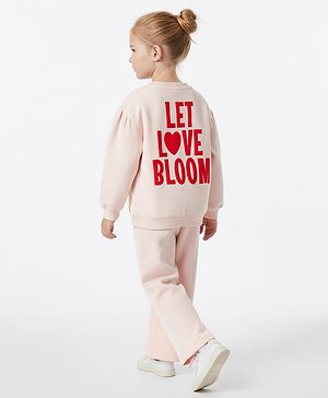Bonfino 100% Cotton French Terry Full Sleeves Oversized Text Printed Sweatshirt & Wide Leg Leggings Set - Pink