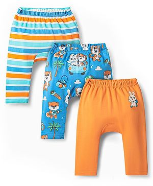 Babyhug Cotton Knit Full Length Diaper Leggings With Stripes & Animal Print Pack Of 3 - Orange Blue & Light Blue