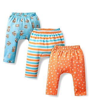 Babyhug Interlock Knit Full Length Diaper Leggings With Stripes Animals & Stars Print Pack Of 3 - Orange Light blue & White