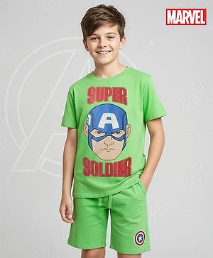 Pine Kids Marvel Single Jersey Knit Half Sleeves Shorts Night Suit With Captain America Graphics - Green