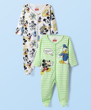Babyhug Disney Interlock Knit Full Sleeves Footed Sleepsuit With Mickey Mouse & Family Graphics Pack Of 2 - White & Light Green