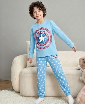 Pine Kids Marvel Single Jersey Knit Full Sleeves Night Suit With Captain America Print - Light Blue