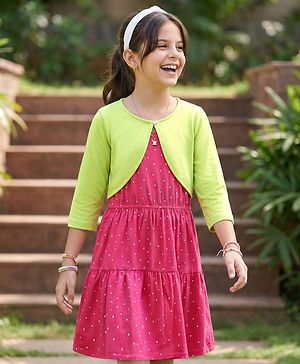Pine Kids Cotton Knit Full Sleeves Tiered Frock With Jacket & Polka Dot Print - Pink & Lime Green