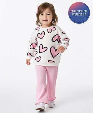 Bonfino Cotton Knit Full Sleeves Oversized French Terry Sweatshirt & Wide Leg Legging Set With Heart Print - Pink & Ivory