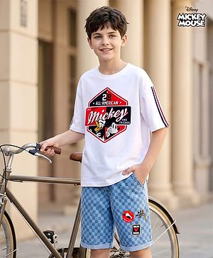 Pine Kids Disney Single Jersey Knit Half Sleeves Oversized Drop Shoulder T-Shirt & Denim Shorts With Mickey Mouse Graphics - White & Blue