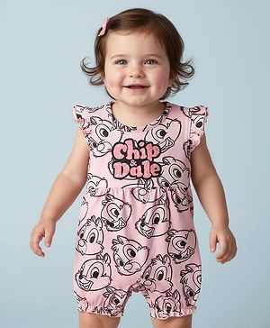 Babyhug Disney Interlock Knit Frill Sleeves Romper with Chip & Dale Print - Light Pink