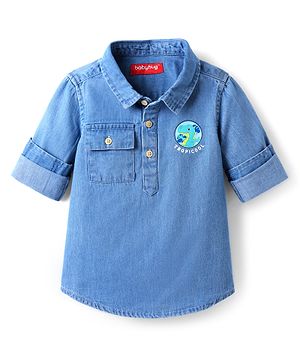 Babyhug 100% Cotton Full Sleeves Denim Shirt with Pockets & Dino Print - Blue