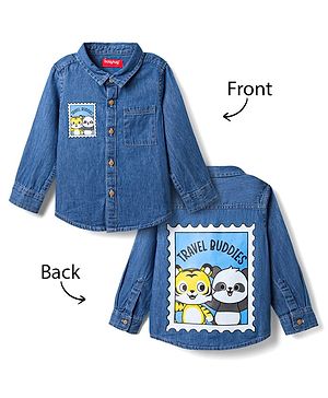 Babyhug Cotton Woven Full Sleeves Denim Washed Shirt with Animal Print - Blue