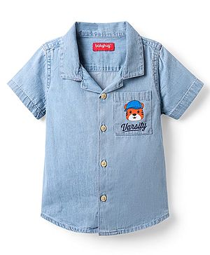 Babyhug Cotton Woven Half Sleeves Resort Collar Denim Washed Shirt with Animal Print - Blue