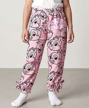 Babyhug Disney Terry Knit Full Length Lounge Pant with Chip n Dale Graphics & Bow Applique - Pink