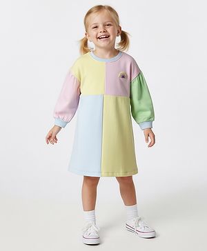 Bonfino 100% Cotton French Terry Full Sleeves Solid Color Block Oversized T-Shirt Dress - Multicolor