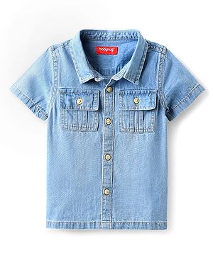 Babyhug 100% Cotton Half Sleeves Denim Shirt With Back Text Print - Blue