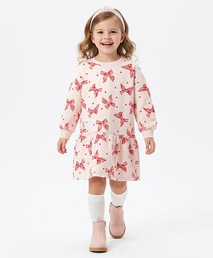 Bonfino 100% Cotton French Terry Full Sleeves Oversized Drop Waist Frock With Ribbon Print - Pink