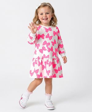Bonfino 100% Cotton French Terry Full Sleeves Oversized Drop Waist Frock With Butterfly Print - White