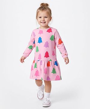 Bonfino 100% Cotton French Terry Full Sleeves Oversized Drop Waist Sweatshirt Dress with Tree Print - Pink