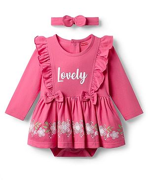 Babyhug 100% Cotton Interlock Knit Full Sleeves Frock Onesie with Floral Print Bow Applique & Headband - Pink
