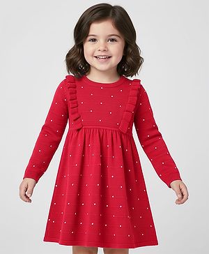 Babyhug Sweater Knit Full Sleeves Woollen Dress with Polka Dot Design - Red