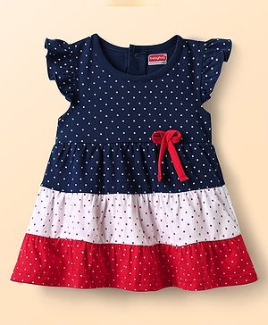 Babyhug 100% Cotton Interlock Knit Frill Sleeves Frock Onesie with Cut & Sew Design Polka Dot Print & Bow Applique - Navy Blue Red & White