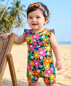 Babyhug 100% Cotton Interlock Knit
                              Sleeveless Romper with Hairband &
                              Floral Print - Multicolor