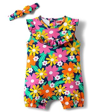 Babyhug 100% Cotton Interlock Knit Sleeveless Romper with Hairband & Floral Print - Multicolor