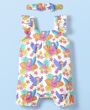 Babyhug 100% Cotton Interlock Knit Sleeveless Romper with Birds & Floral Print & Headband - White