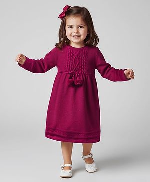 Babyhug Sweater Knit Full Sleeves Woollen Dress with Cable Knit Design - Burgandy