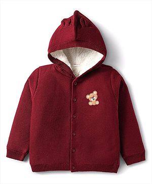 Babyhug Knit Full Sleeves Hooded Front Open Sweater with Bear Patch - Dark Red
